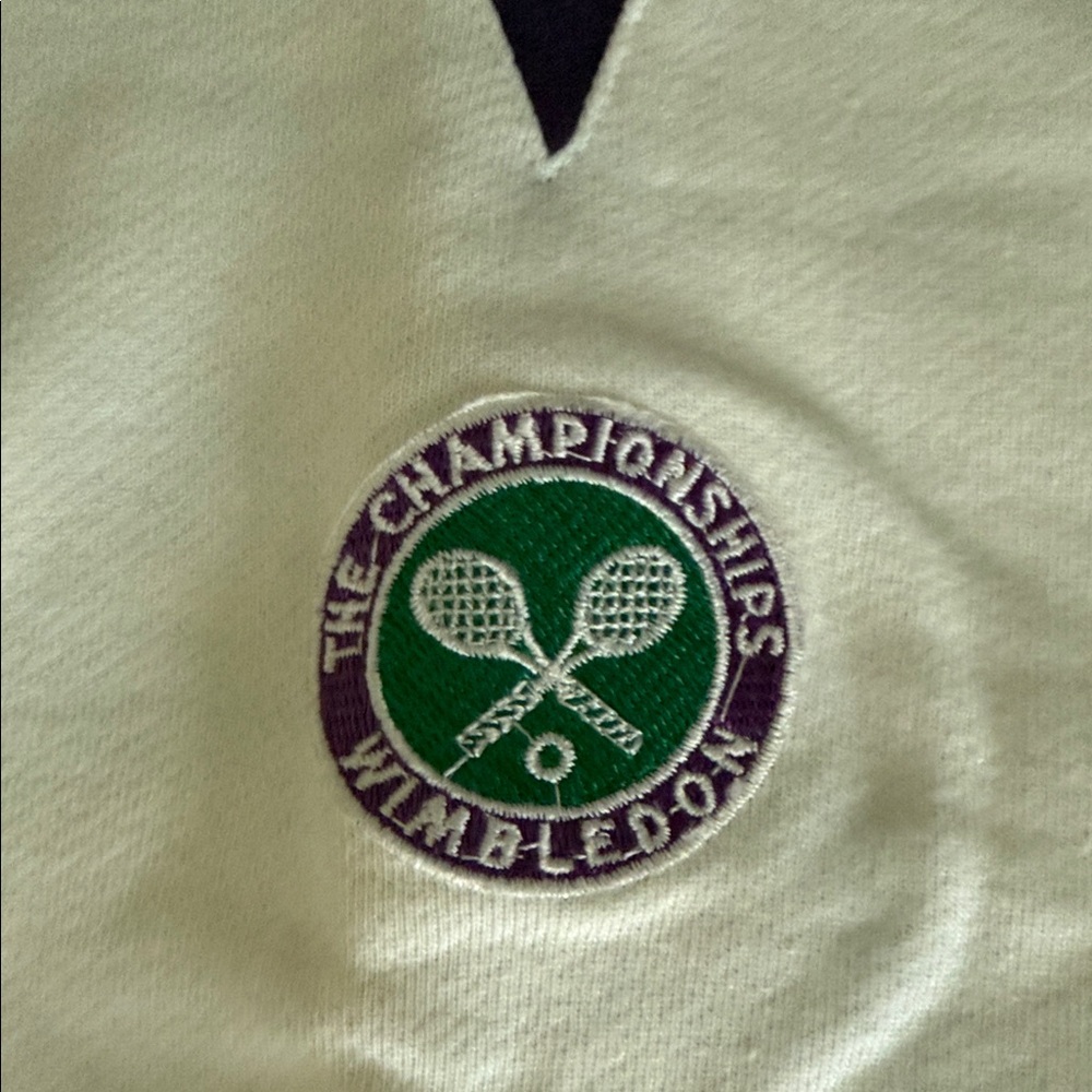 Wimbledon White V-Neck Sweaatshirt with Green & Purple Trim - Picture 3 of 6